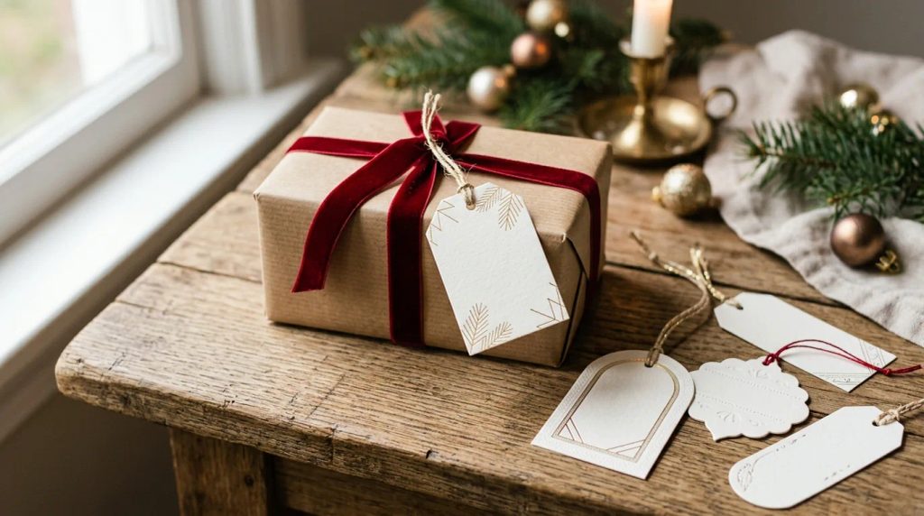 Gift tag Natal custom terpasang pada bingkisan kado akhir tahun