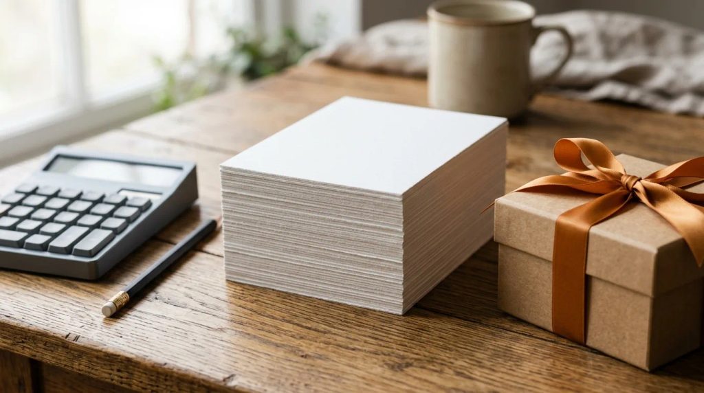 Tumpukan notecard lembaran A6 rapi di atas meja kerja berdampingan dengan kalkulator dan sampel kemasan hampers