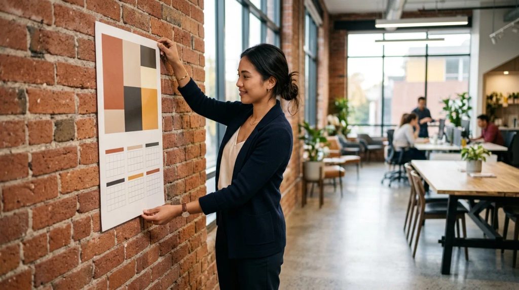 Pemasangan cetak kalender poster branded online di dinding ruang kerja modern