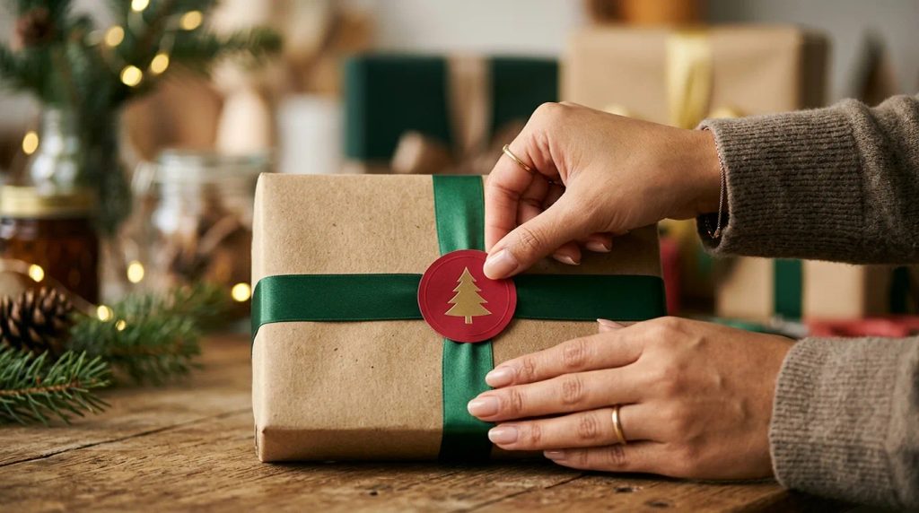 Pemasangan stiker bulat Natal eceran sebagai segel kotak hampers