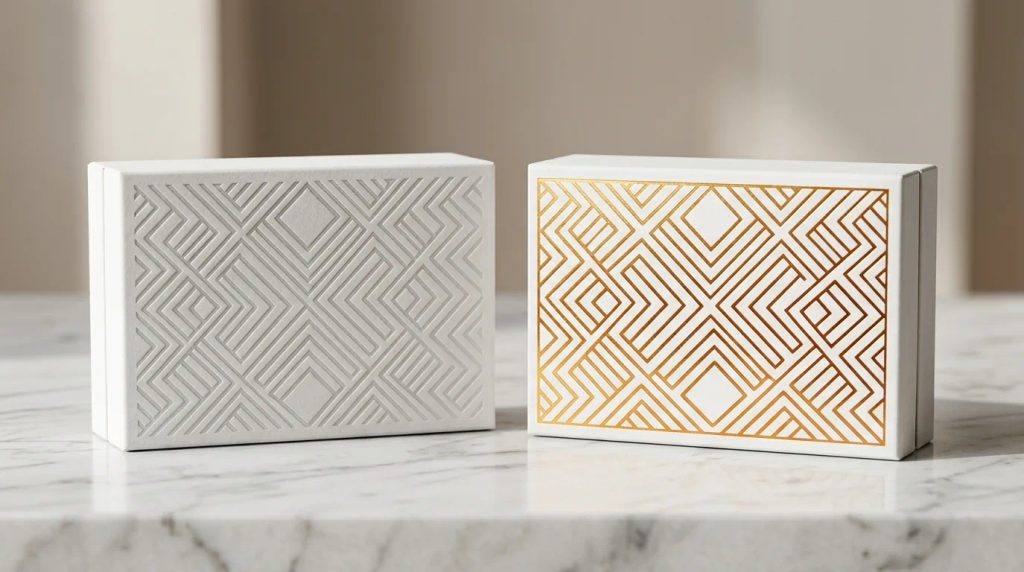 Kemasan produk premium dengan motif geometric pattern branded yang presisi dan elegan
