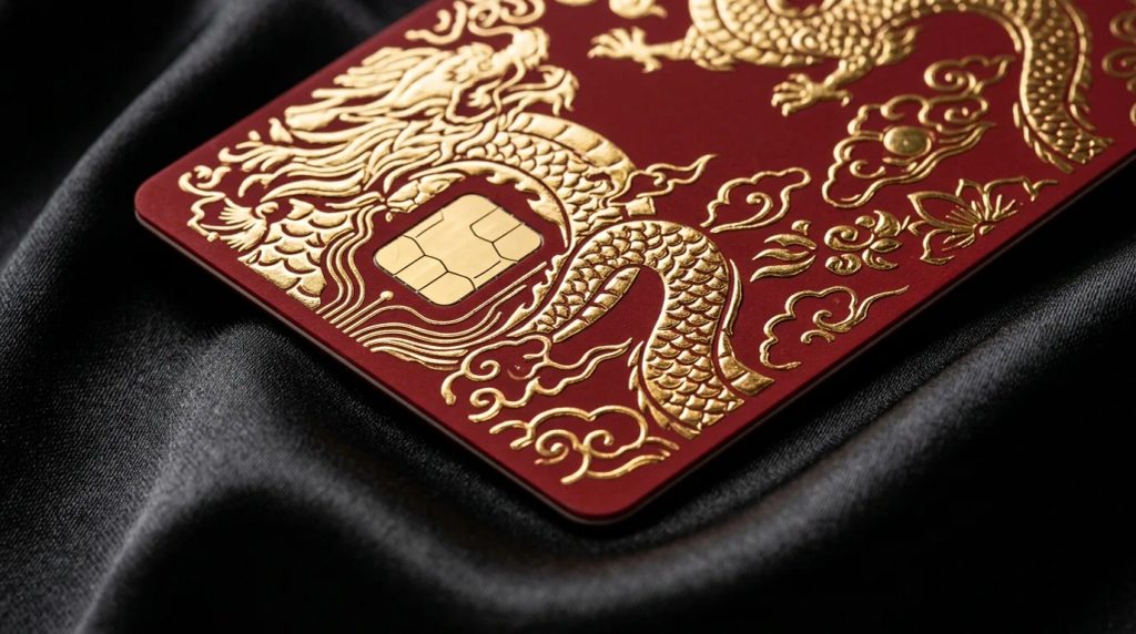 Detail desain kartu TapCash BNI edisi Imlek dengan foil emas dan area aman logo