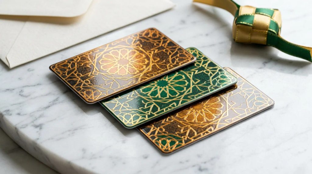 Kartu e-money Mandiri edisi Lebaran dengan finishing glossy mewah untuk hampers korporat