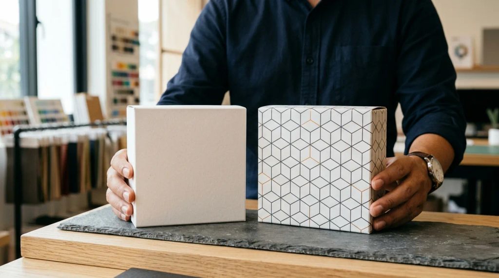 Perbandingan boks kemasan berpola geometris modern dengan boks polos di showroom percetakan