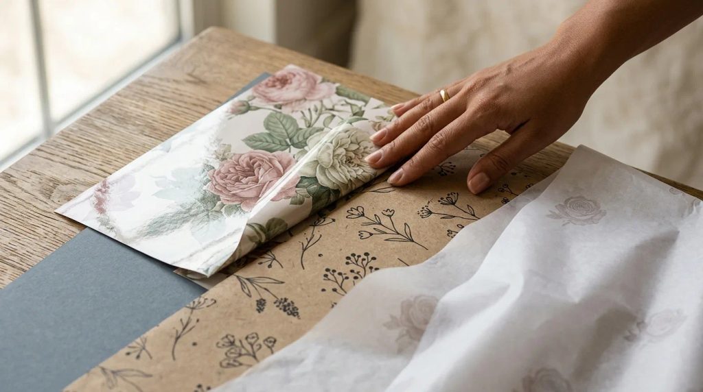 Tiga pilihan bahan wrapping paper floral motif art paper samson kraft dan tissue paper