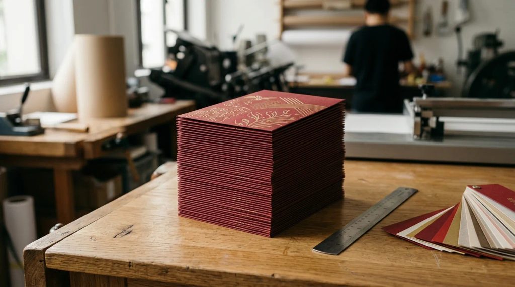 Tumpukan angpao custom minimal order 100 lembar dengan finishing foil emas elegan di atas meja kerja studio cetak