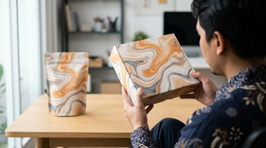 Contoh aplikasi fluid pattern printing pada kemasan kosmetik dan merchandise premium di Surabaya