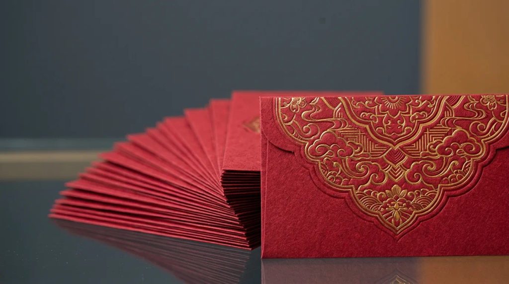 Detail finishing hot stamping foil emas dan teknik emboss pada permukaan kertas angpao custom