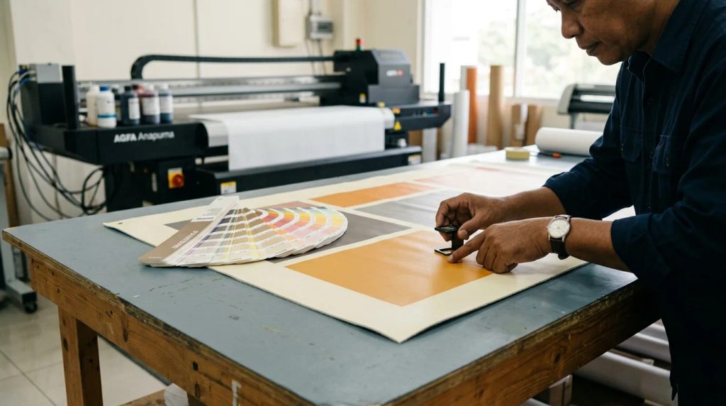 Inspeksi kualitas cetak banner bahan vinyl menggunakan panduan warna di meja kerja percetakan