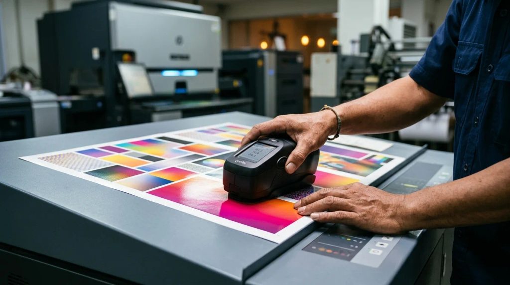 Pemeriksaan kualitas cetak lembaran notecard glossy pada mesin cetak profesional