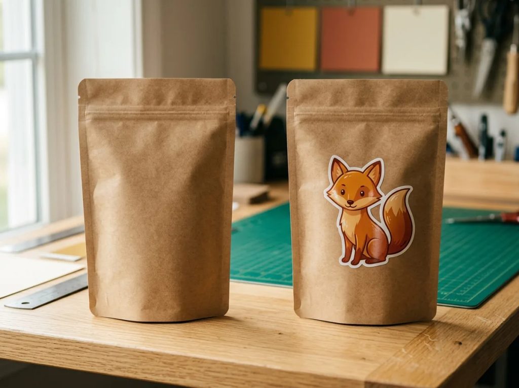 Perbandingan fisik kemasan polos dan kemasan berkarakter maskot bisnis untuk identitas brand.