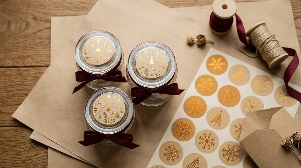 Stiker bulat Natal eceran pada kemasan hampers toples kue kering