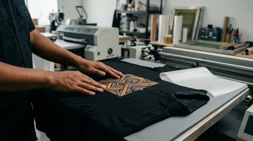 Proses pengecekan hasil transfer cetak DTF pada polo shirt seragam kerja