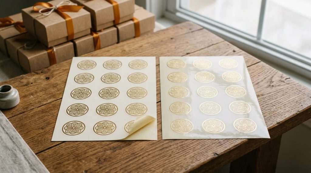 Perbandingan finishing laminasi doff glossy dan gold foil pada stiker bulat kue bulan