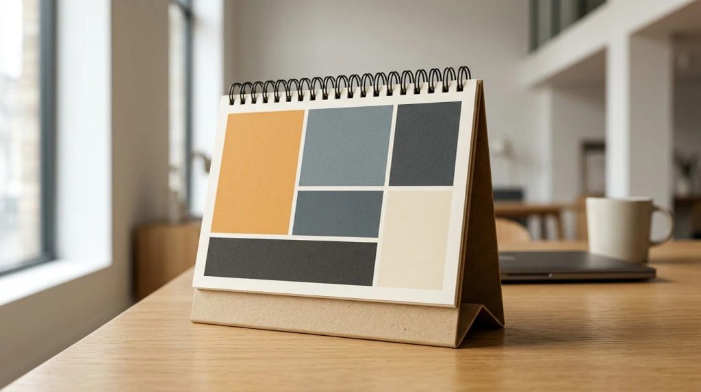 Kalender meja A5 landscape ekonomis terpasang rapi di meja kerja modern