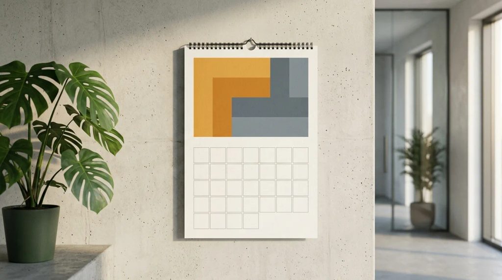 Kalender dinding ukuran besar terpasang di dinding ruang kerja korporat