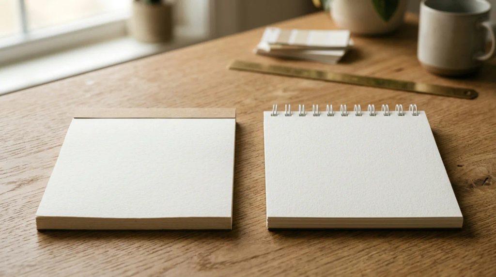 Perbandingan jilid lem blok dan spiral kawat pada notepad custom
