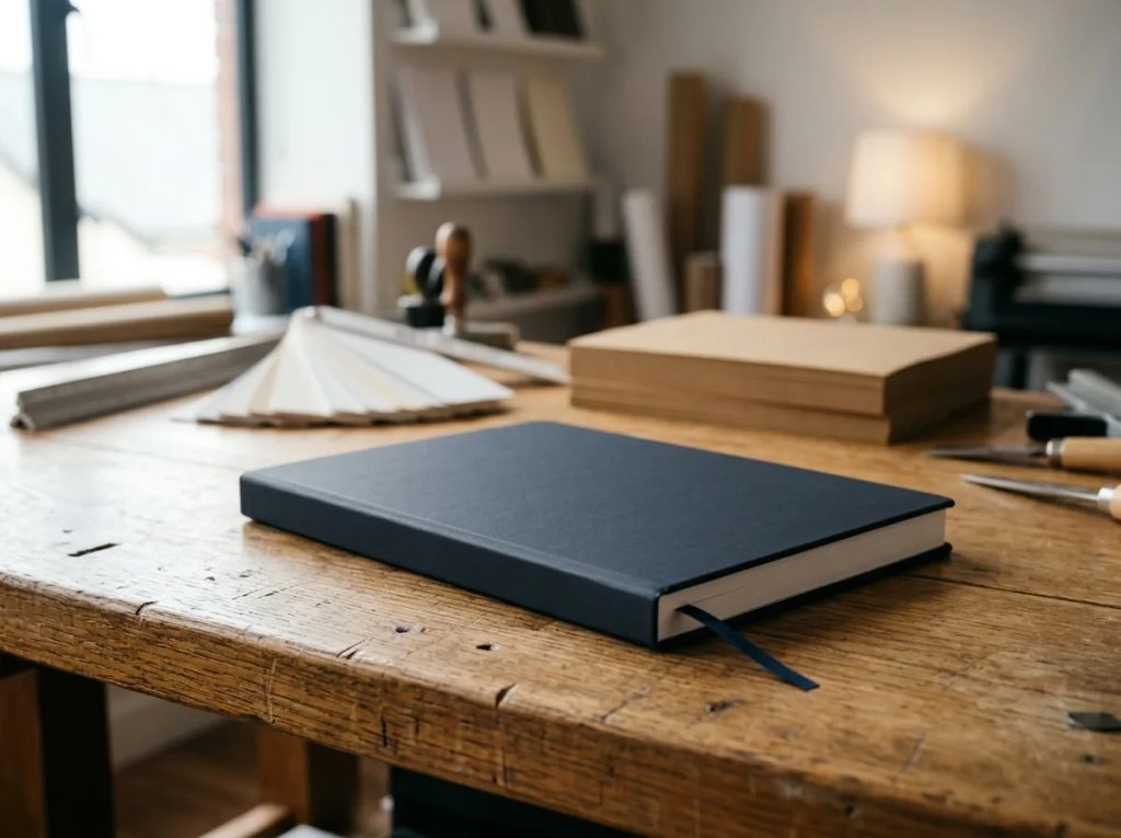 Detail material dan tekstur cover solid color eksklusif untuk cetak agenda custom ukuran.