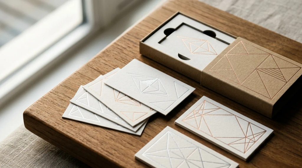 Aplikasi seri metallic custom pada kartu nama eksekutif dan packaging box di Jakarta