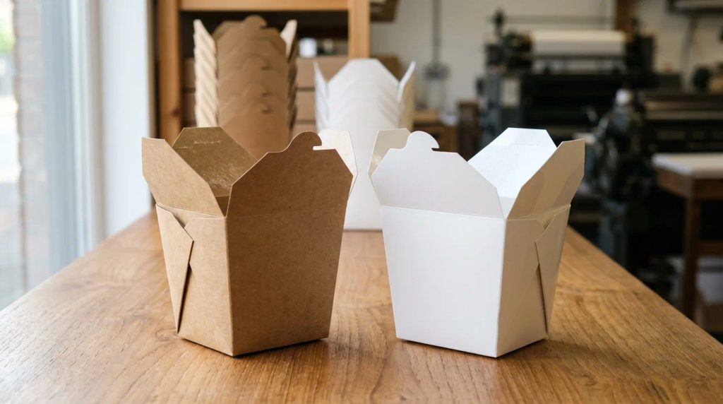 Perbandingan bahan food pail kertas kraft PE cokelat dan karton ivory food-grade untuk kemasan makanan