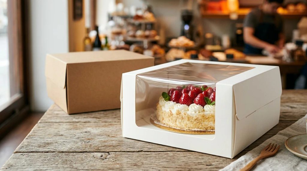 Kemasan cetak box kue window kertas ivory elegan memamerkan dekorasi kue di etalase