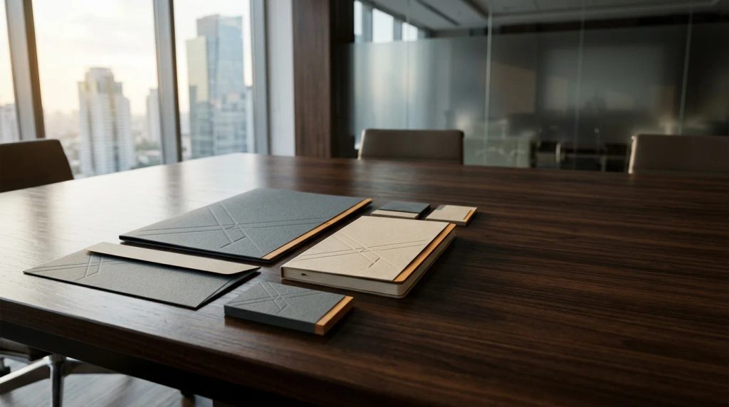 Set lengkap stationery branded korporat Jakarta di atas meja meeting profesional