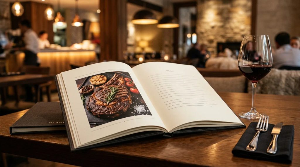 Buku menu hard cover material kertas ivory custom di meja restoran fine dining