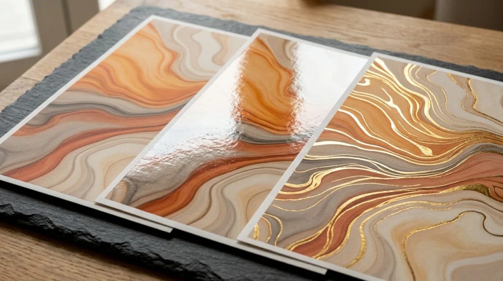 Perbandingan hasil finishing laminasi doff, glossy, dan hot print foil pada cetak fluid pattern A4