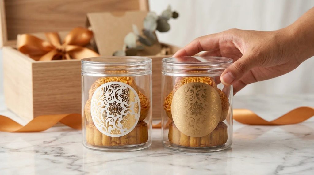 Kemasan toples hampers kue bulan dengan label stiker bulat kustom di studio foto