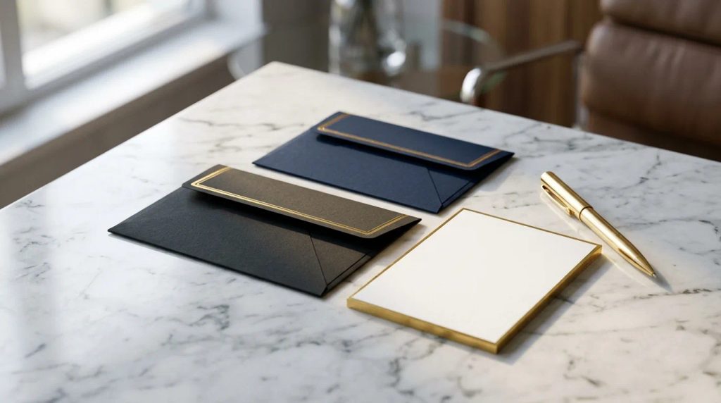 Detail penutup amplop square flap dengan aksen finishing gold foil di atas meja marmer elegan