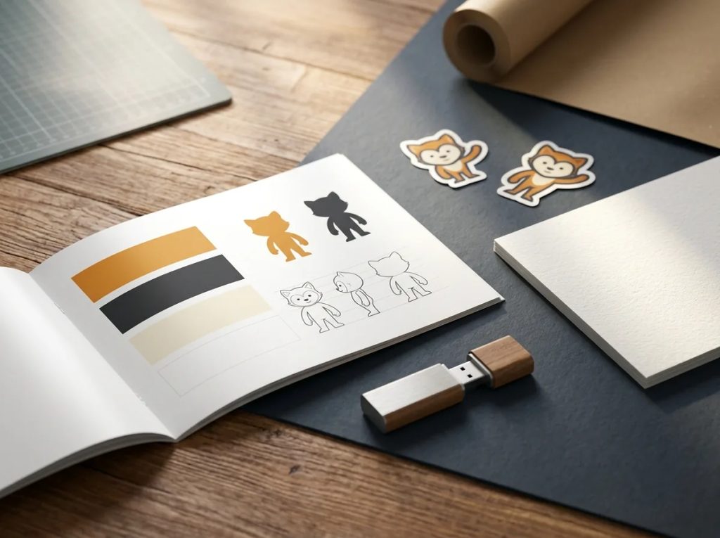 Paket deliverable jasa desain maskot berisi buku panduan brand dan sampel cetak untuk branding bisnis.