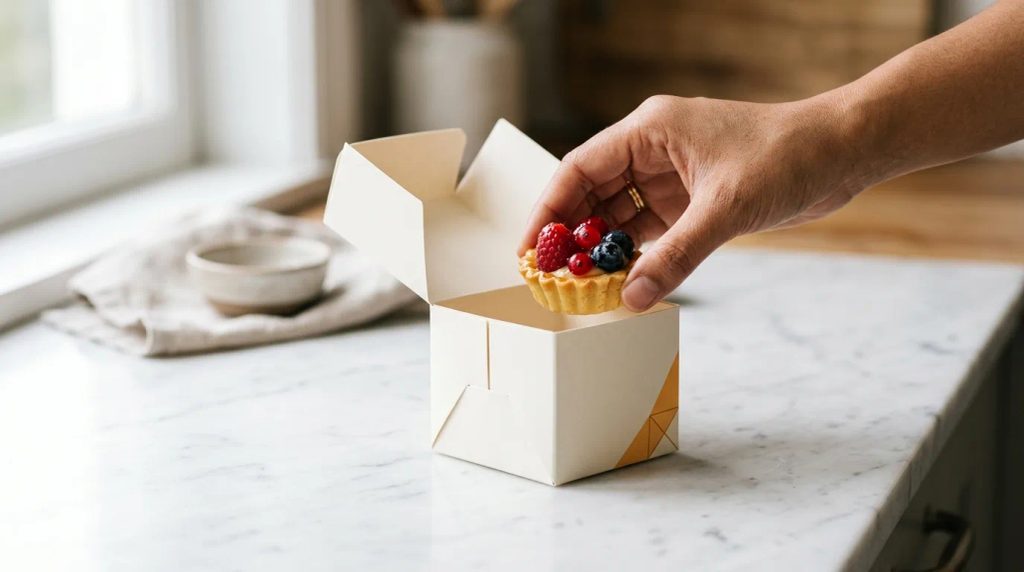 Proses penataan pastry ke dalam cetak dus snack ukuran 6x6x6 cm