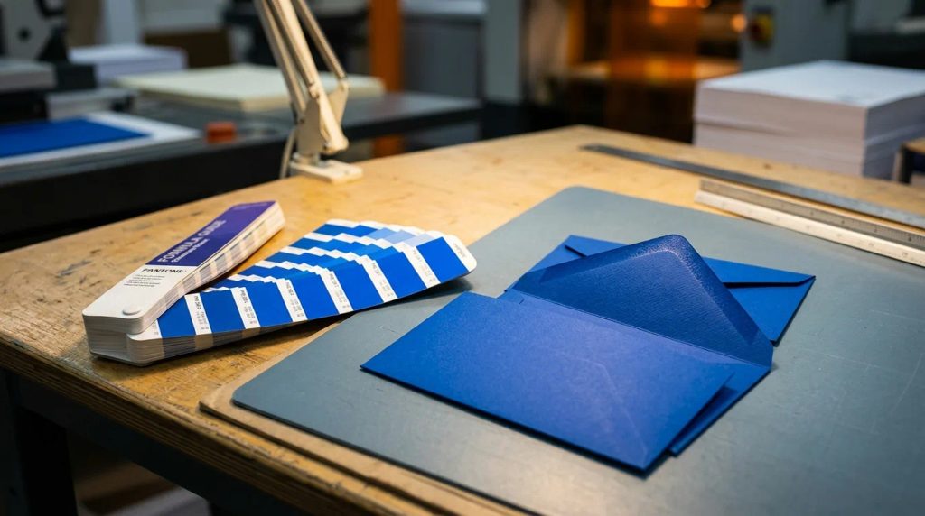 Buku panduan Pantone bersanding dengan sampel cetak amplop kartu biru solid