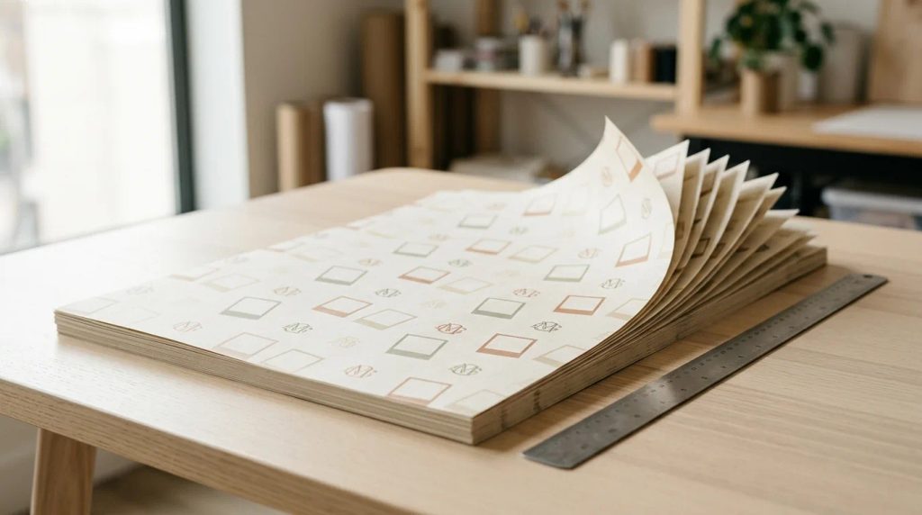 Lembaran pola desain wrapping paper personal 40x60 cm dengan repetisi monogram dan foto mini