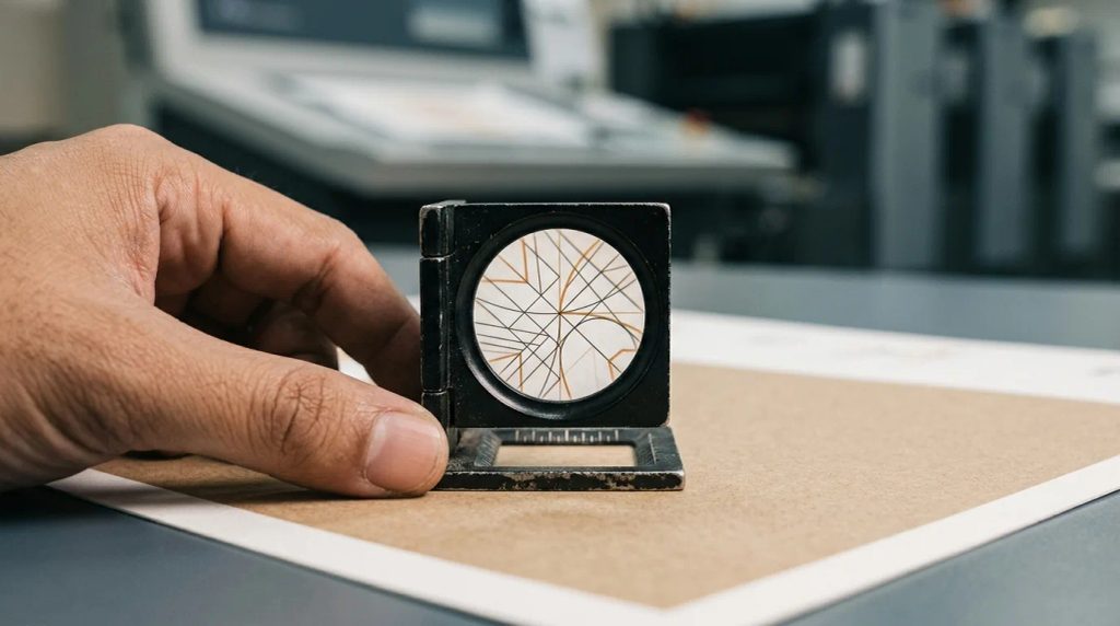 Pemeriksaan akurasi garis geometris menggunakan loupe kaca pembesar di meja kontrol percetakan