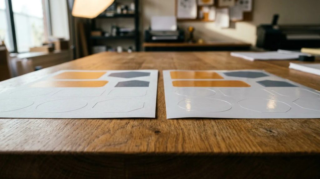 Perbandingan bahan stiker kromo dan vinyl sheet untuk kata-kata simple