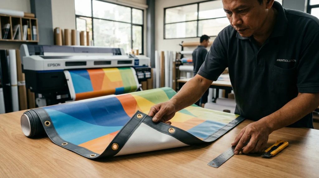 Ilustrasi cetak banner bahan vinyl