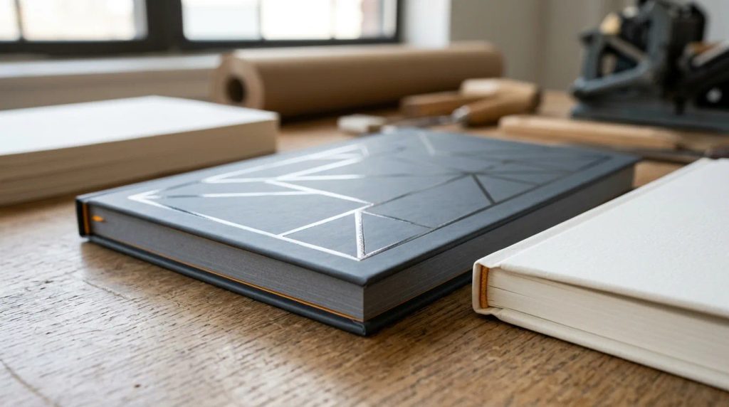 Detail finishing spot UV dan laminasi doff pada jilid buku tipis berkualitas