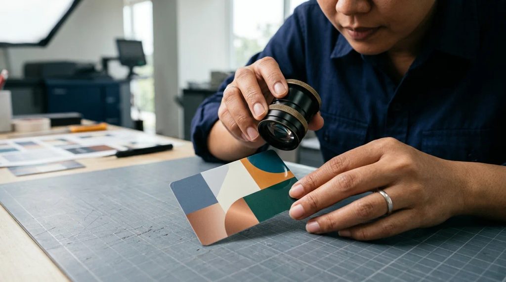 Pemeriksaan kontrol kualitas kartu emoney laminasi