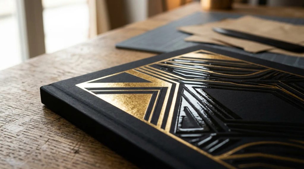 Detail finishing foil emas dan spot UV pada sampul thin hard cover A4