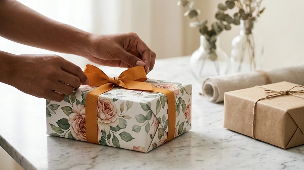 Perbandingan kemasan polos dengan kemasan wrapping paper motif floral watercolor