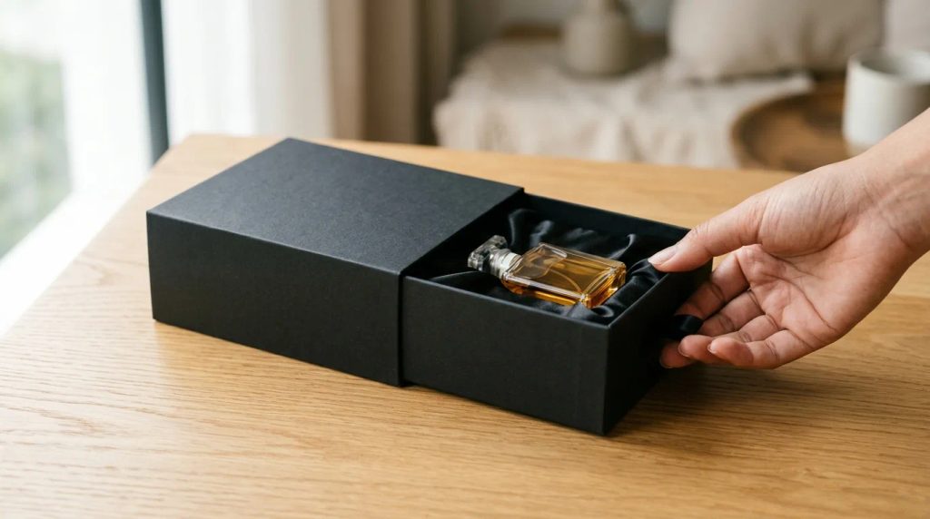 Sliding box finishing matte untuk kemasan produk parfum mewah dengan insert presisi