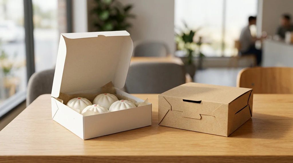 Tiga varian dus bakpao custom bahan food grade di atas meja kafe Jakarta