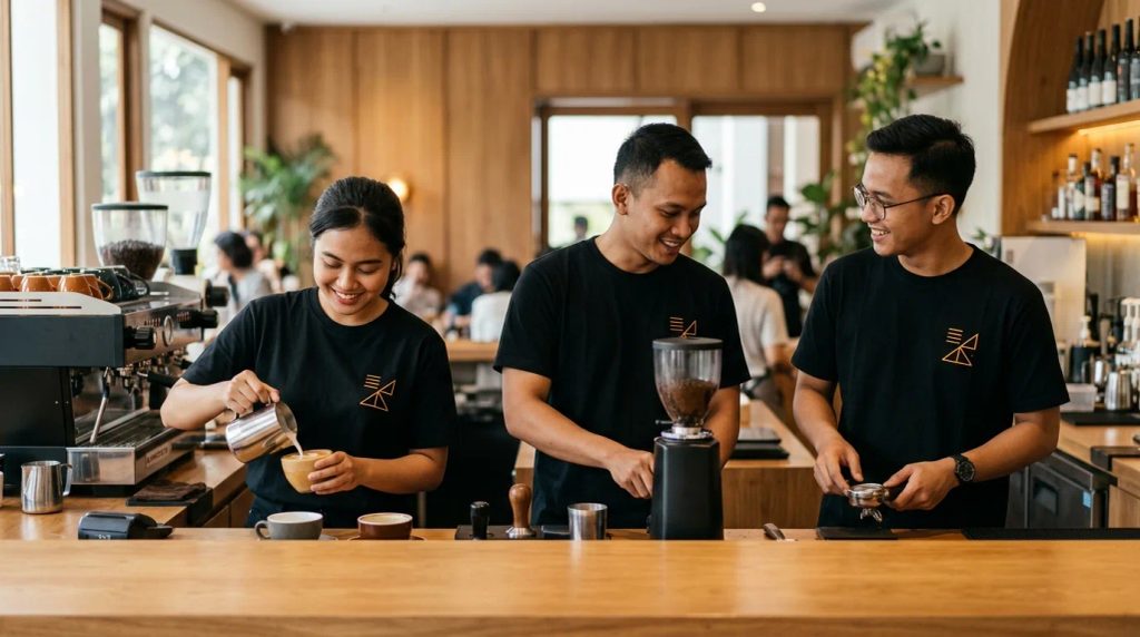 Penerapan seragam kaos berlogo untuk tim operasional bisnis modern