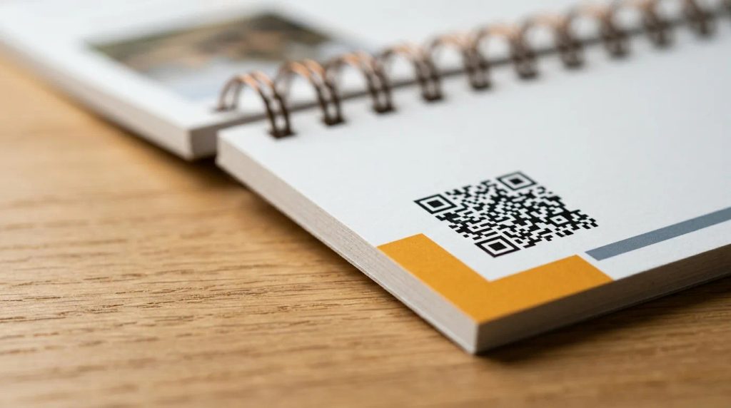 Detail desain kalender meja A5 landscape dengan integrasi dynamic QR code promosi