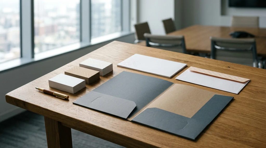 Paket cetak stationery kantor 100 pcs tersusun rapi di atas meja kerja