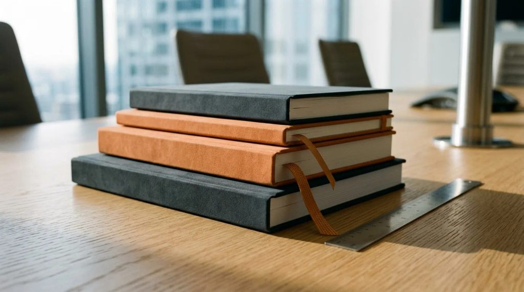 Buku profil perusahaan hasil cetak thin hard cover murah Surabaya tersusun rapi di meja kerja