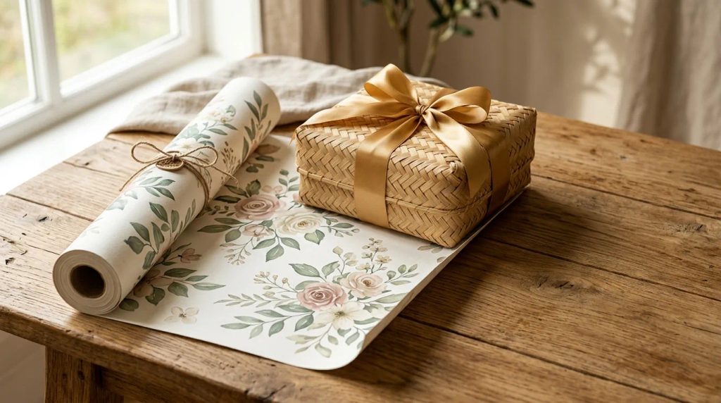 Gulungan wrapping paper motif floral custom di atas meja hampers