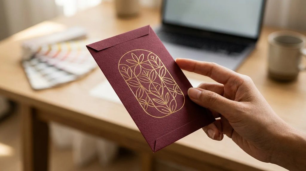 Contoh desain angpao custom elegan dengan finishing foil emas di atas meja kerja