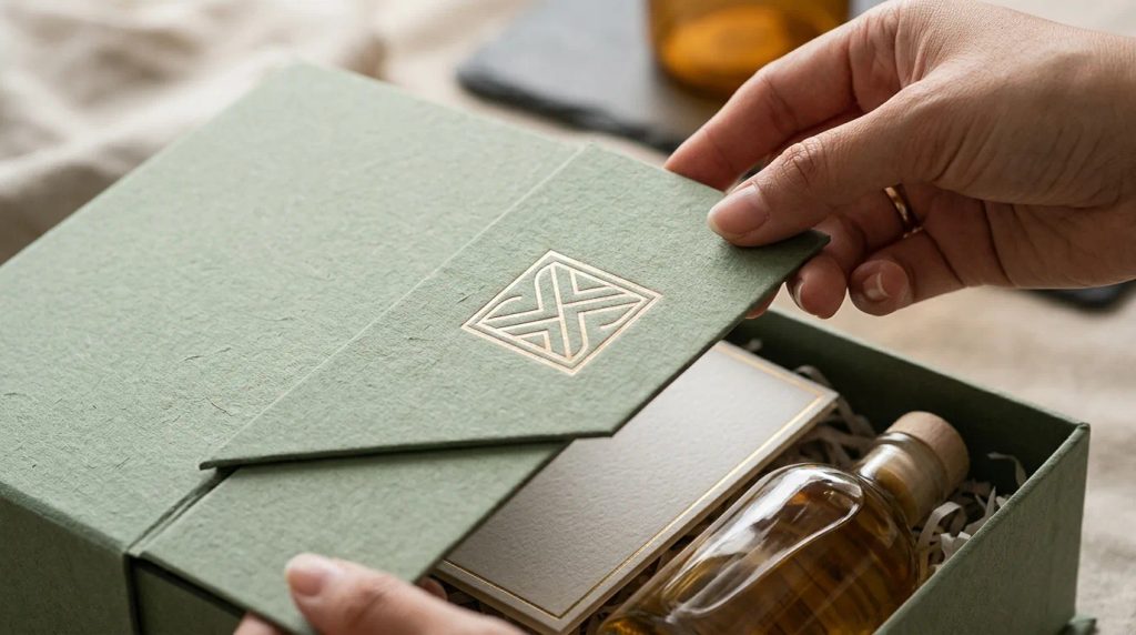 Detail kemasan hampers suvenir dengan personalisasi nama elegan pada tutup kemasan